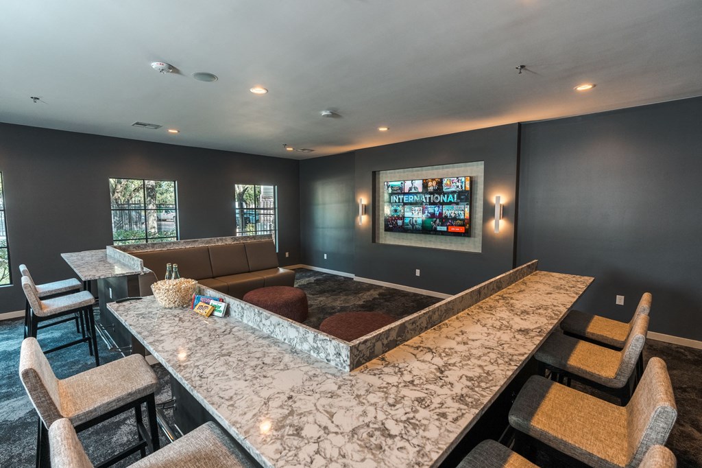 Theater room with couches and bar seating theater room with couches and bar seating at Monterey Ranch, Austin, Texas